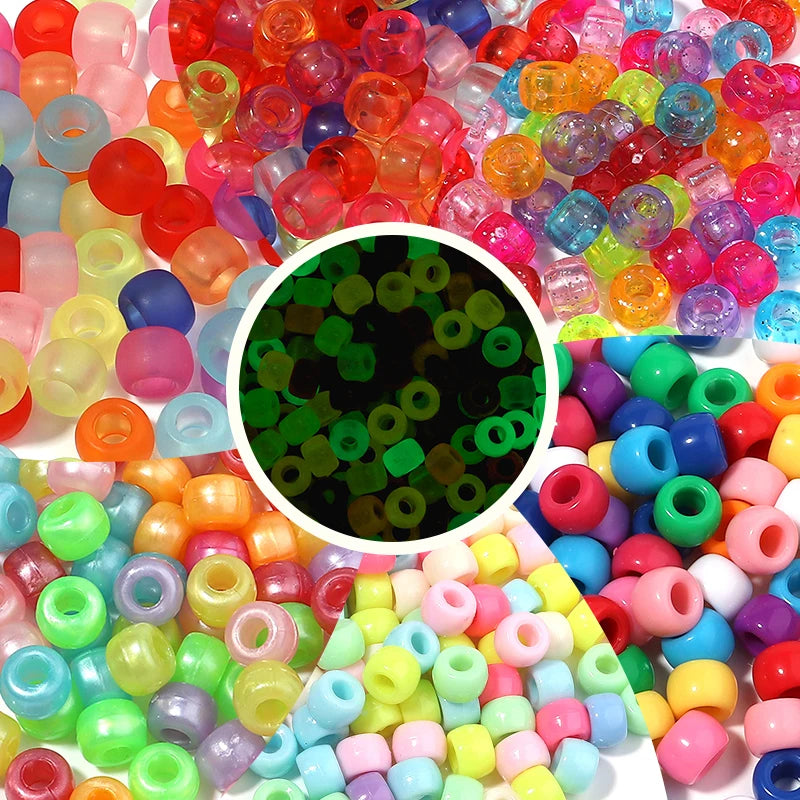 200pcs/lot 6X9mm Glitter Acrylic Beads Large Hole Pony Beads Spacer Hair Beads for Jewelry Making DIY Bracelet Necklace Craft