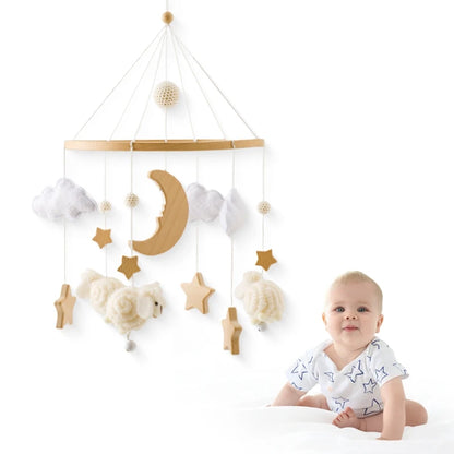 Wooden Baby Rattle Mobile 0-12Month Soft Felt Cartoon Sheep Star Moon Newborn Music Box Hanging Bed Bell Mobile Crib Bracket Toy