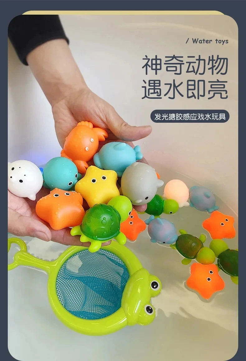 Baby Cute Animals Bath Toy Swimming Water LED Light Up Toys Soft Rubber Float Induction Luminous Frogs for Kids Play Funny Gifts