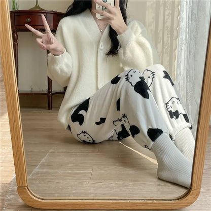 Sanrio Christmas Hello Kitty Pajamas Halloween Flannel Fashion Trouserswomen Kawaii Woolen Anime Cartoon Casual Home Pant Autumn