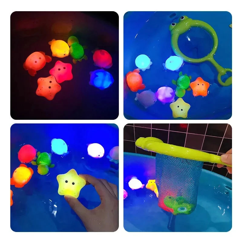 Baby Cute Animals Bath Toy Swimming Water LED Light Up Toys Soft Rubber Float Induction Luminous Frogs for Kids Play Funny Gifts