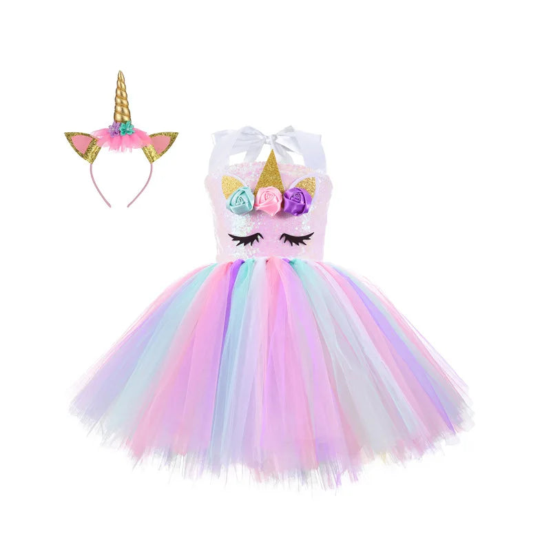 Princess Girls Unicorn Tutu Dress Outfits Pastel Flower Baby Girl Birthday Party Dresses Tulle Kids Halloween Cosplay Costumes