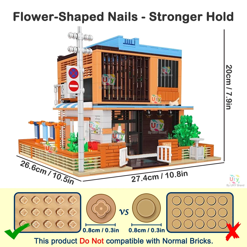 City Street View Modular Japanese Traditional Single-family Villa Retro Flower House MOC Architecture Building Block Toy for Kid