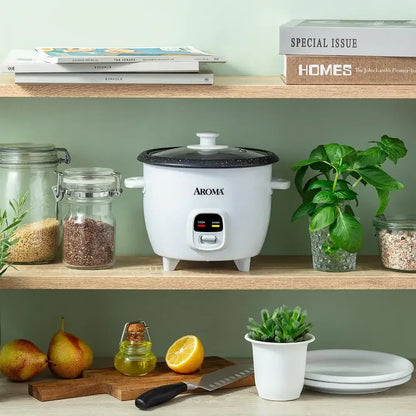 6-Cup Rice &amp; Grain Cooker Bonded Granite® Pot One-Touch Design Keep-Warm Mode Accessories Included Easy to Clean Premium Glass