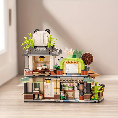 Mini Building Blocks Cute Panda Ornaments Street View Teahouse Assembly Bricks Folding Construction Toys for Children and Adults