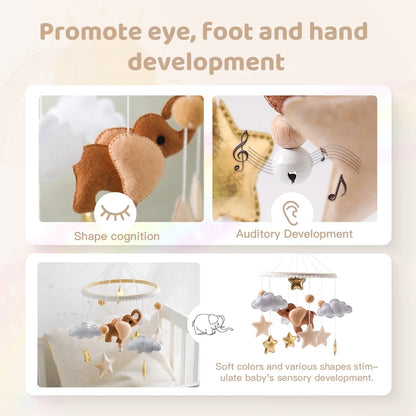 Wooden Baby Rattle Mobile 0-12Month Soft Felt Cartoon Sheep Star Moon Newborn Music Box Hanging Bed Bell Mobile Crib Bracket Toy