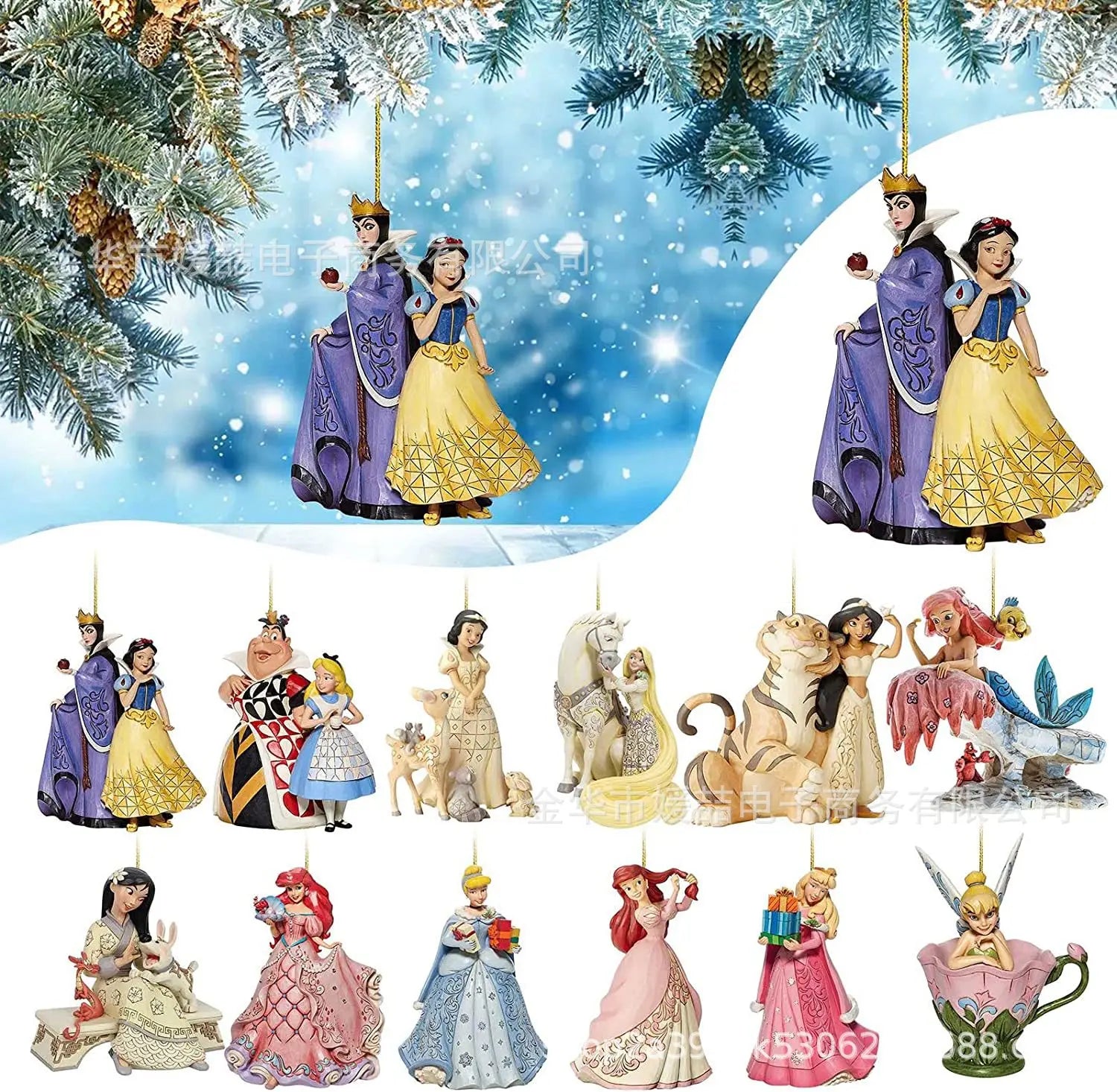 Disney Princess Snow White Cinderella Ariel Bell Anime Figures Christmas Tree Ornament Decoration Acrylic Plane Pendant Toys