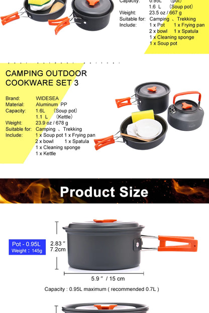 Widesea Camping Soup Pot Outdoor Teapot Cookware Pan Set Tableware Cutlery Utensils Hiking Picnic Travel Equipment Cooker