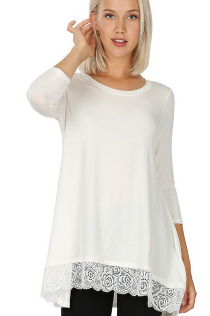 Ivory 3/4 Sleeve Tunic with Lace Hem