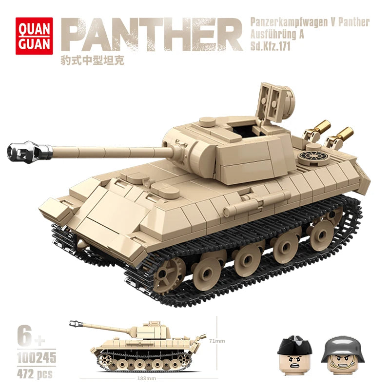 Hot WW2 Panther Type Medium Tank Panzerkampfwagen V Pantherausyunruno ASd Kfz 171+ Military War Model Building Blocks Bricks Toy