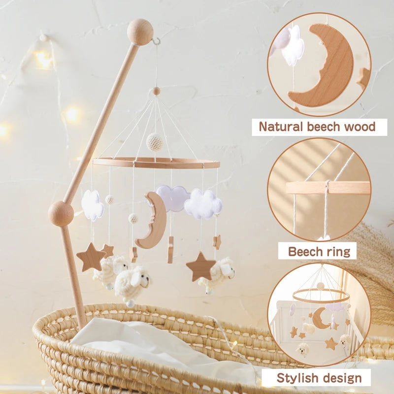 Wooden Baby Rattle Mobile 0-12Month Soft Felt Cartoon Sheep Star Moon Newborn Music Box Hanging Bed Bell Mobile Crib Bracket Toy