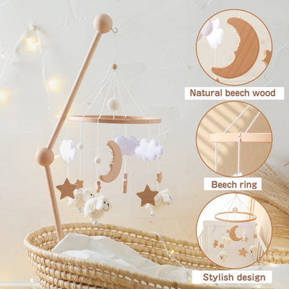 Wooden Baby Rattle Mobile 0-12Month Soft Felt Cartoon Sheep Star Moon Newborn Music Box Hanging Bed Bell Mobile Crib Bracket Toy