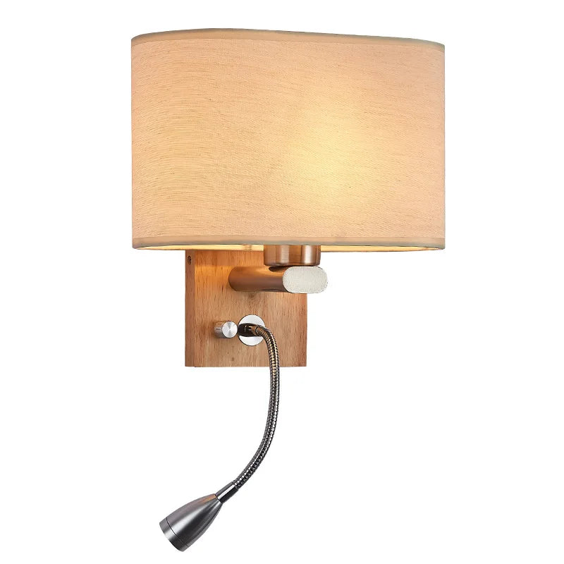 Wooden Wall Light With Oval/Rectangle Fabric Shade Base Switch Hotel Room Bedroom Frosted-glass Wall Sconce 1W Reading Spotlight