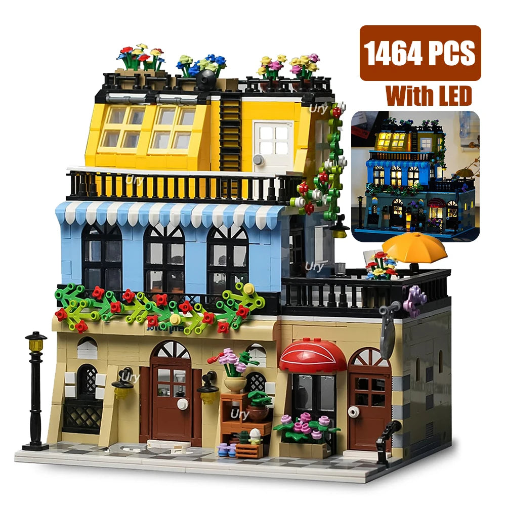 City Street View Modular Coffee Restaurant Retro Flower House with LED Light MOC Architecture Building Block Sets Toys for Kids