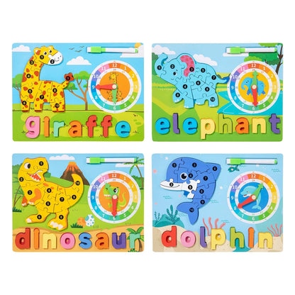 Alphabet Puzzle Blocks Toys Early Learning with Clock Toy Wooden Animal Puzzle Montessori Toy for Children Gift Boys Girls Kids