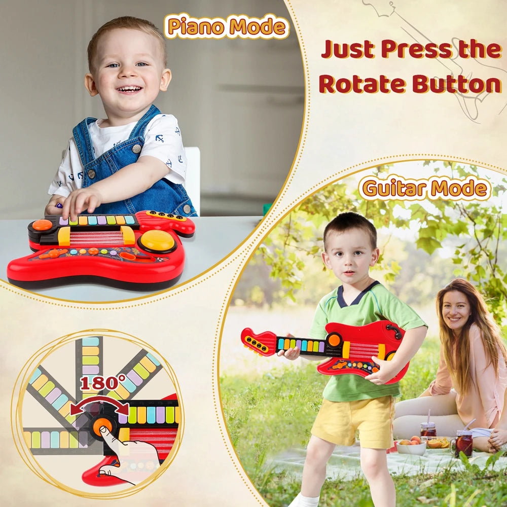 2 In 1 Electric Kids Guitar Toy Foldable Toy Guitar Piano Beginners Musical Instruments Early Education Best Gift for Boys Girls