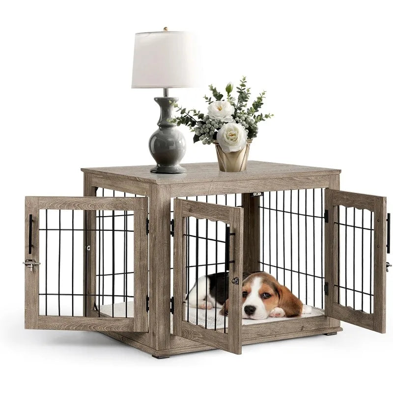 Dog Crate Furniture with Bed Pad, 32 inch Medium Wooden Dog Kennel Furniture, End Table Dog Cage with 3 Doors, Greige