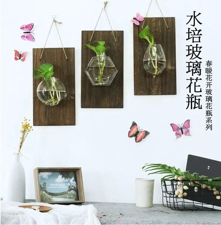 Wood Glass Wall Vases Indoor Wood Hanging Vase,Wall Decor for Bathroom Office and Living Room, Farmhouse Sconces Wall Decor