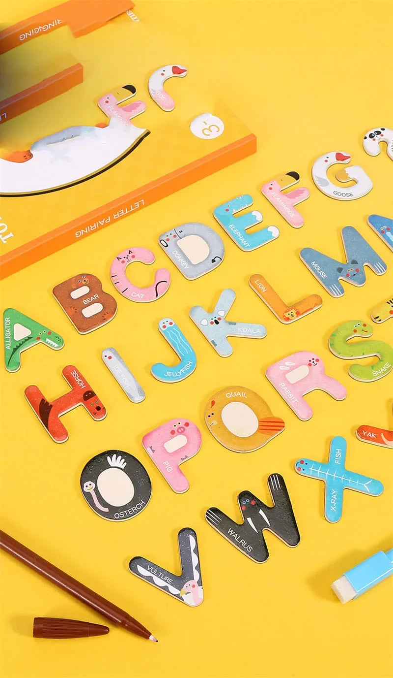 Baby Montessori Wooden Education Fridge Magnet 26 Alphabet Toys Learn Letter Matching Puzzle Magnetic Alphabet Book Toys For Kid