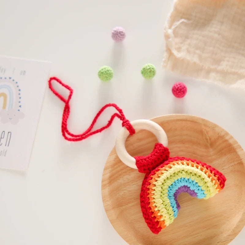 Baby Wooden Gym Pendant Toy Soft Felt Music Rattle Cotton Crochet Mobile Crib Teether Pendant For Infant Activity Gym Toys Gift