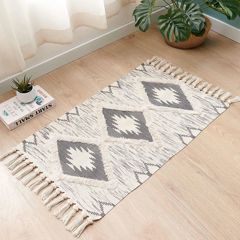 Inyahome-Boho Runner Rug, Tufted Moroccan Cotton, Geometric Sink, Washable with Tassels, Kitchen, Bathroom, Farmhouse