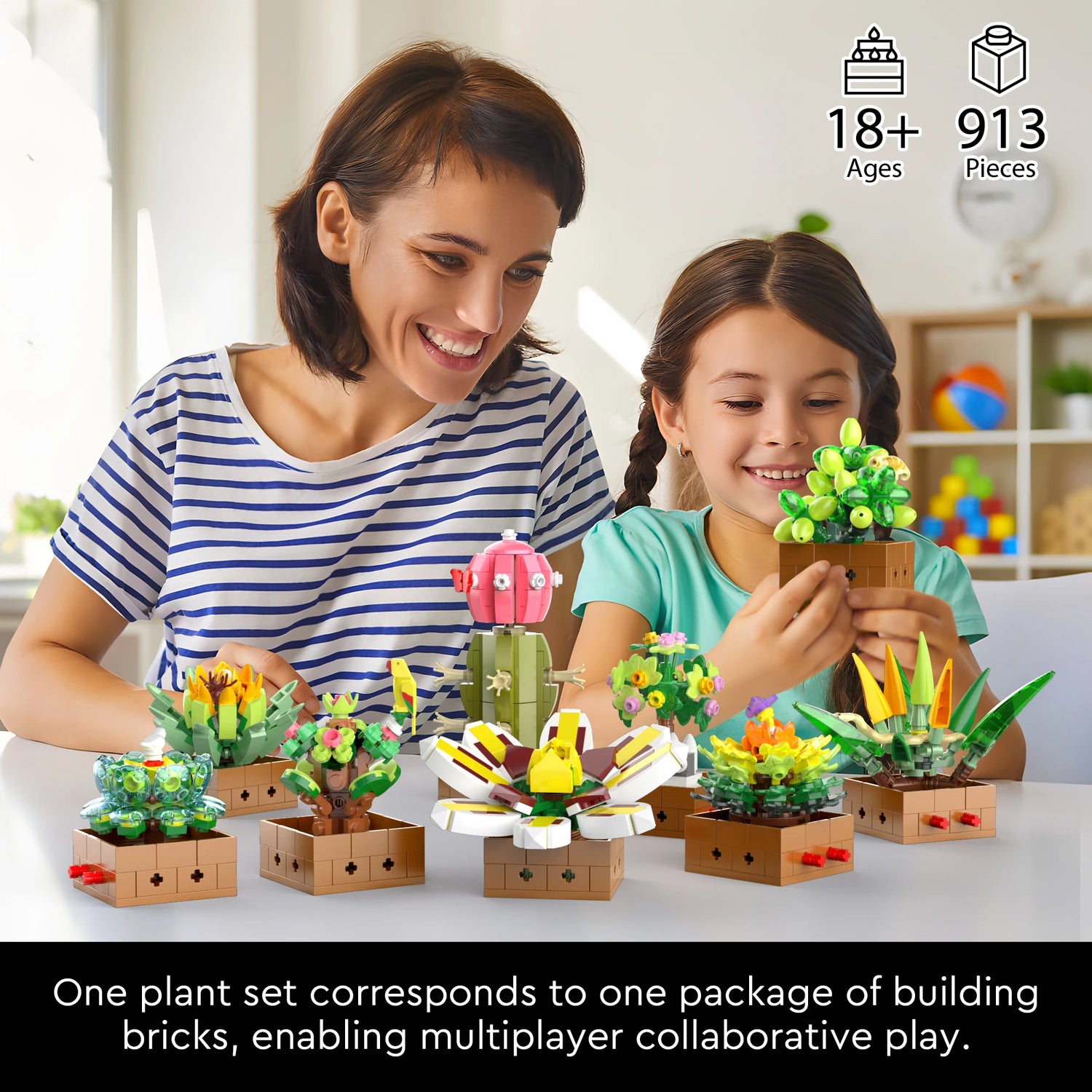 Flower Plant Bonsai Building Set, 9pcs of Succulent Building Toy Blocks, for Home Decoration, Valentine&