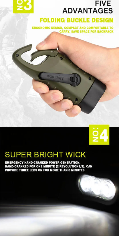 LED Flashlight Hand Crank Solar Powered Rechargeable Survival Gear Self Powered Charging Torch Dynamo for Fishing Boating Hiking