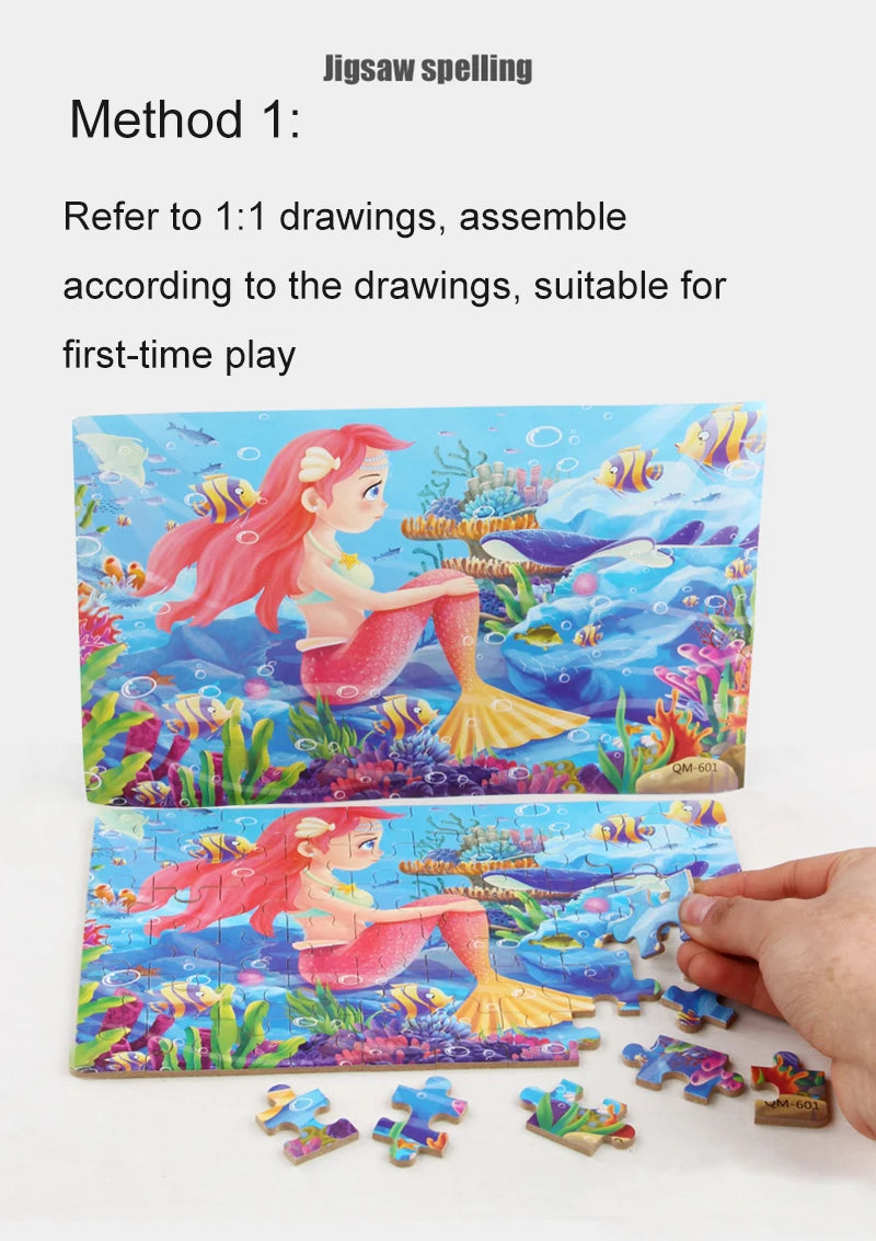 Puzzles for kids wooden Puzzle Toy Cartoon Animals  Mermaid Princess Education Montessori Gift for Children