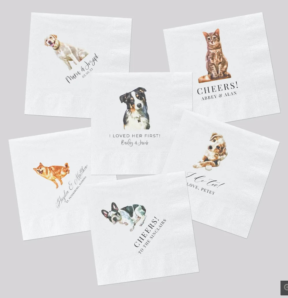 Full Color Personalized Pet Wedding Cocktail Napkins, Custom Wedding Napkins, Dog Cocktail Napkins Wedding, Couple Monogram Wedd