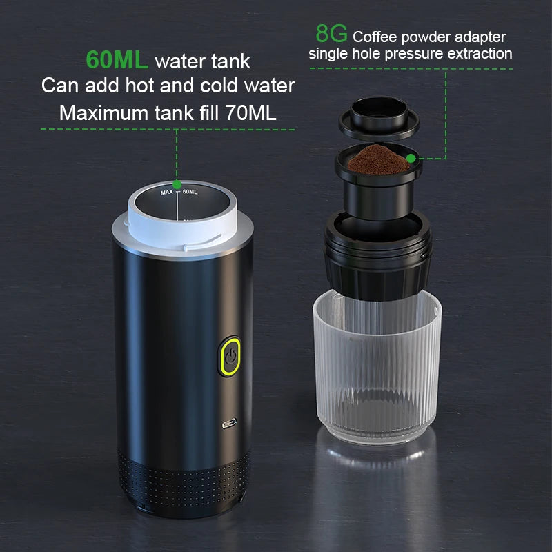 Wireless Electric Portable Espresso Coffee Machine for Car &amp; Home Camping Coffee Maker 3-in-1 Capsule Powder Travel Coffee Maker