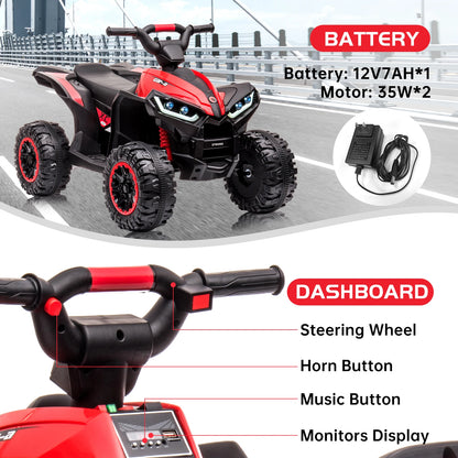 12V Kids Ride On ATV, Electric Battery, Powered Four Wheeler with Music, Led Lights, Soft Start, USB Port, and Treaded Tires