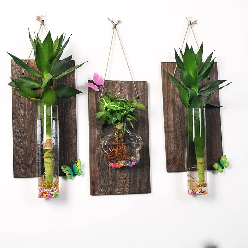 Wood Glass Wall Vases Indoor Wood Hanging Vase,Wall Decor for Bathroom Office and Living Room, Farmhouse Sconces Wall Decor