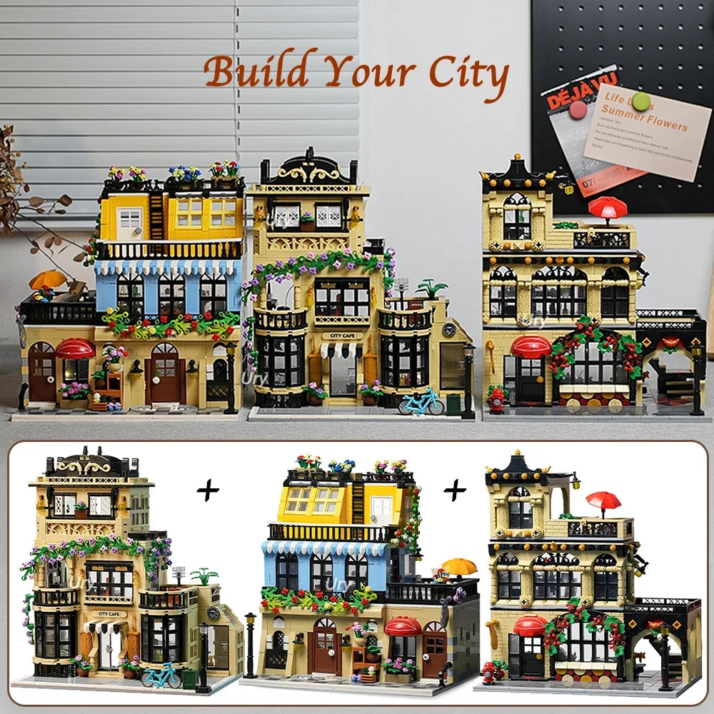 City Street View Modular Coffee Restaurant Retro Flower House with LED Light MOC Architecture Building Block Sets Toys for Kids