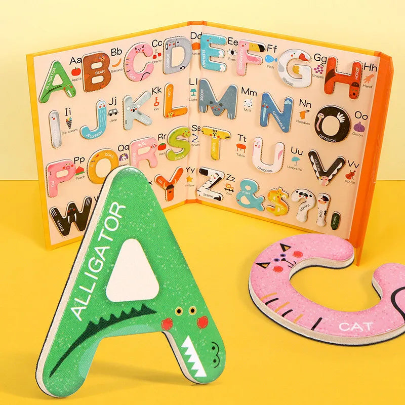 Baby Montessori Wooden Education Fridge Magnet 26 Alphabet Toys Learn Letter Matching Puzzle Magnetic Alphabet Book Toys For Kid