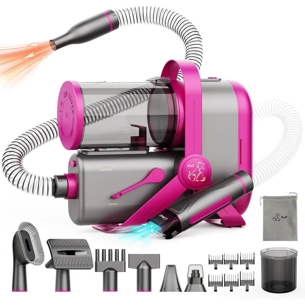 Dog Grooming Kit Pet Hair Dryer/Vacuum/Massage Comb/Nail Grinder/Paw Trimmer All-in-One 15kpa Blow/Suck Trim Clean Pet's Hair