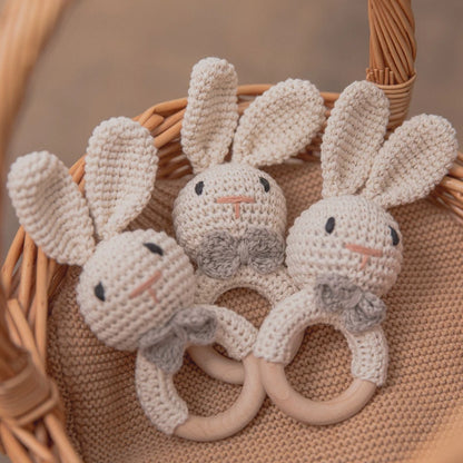 Baby Crochet Rattle Wooden Teether Toy BPA Free Wood Rodent Rabbit Rattle Baby Mobile Play Gym Newborn Educational Music Toys