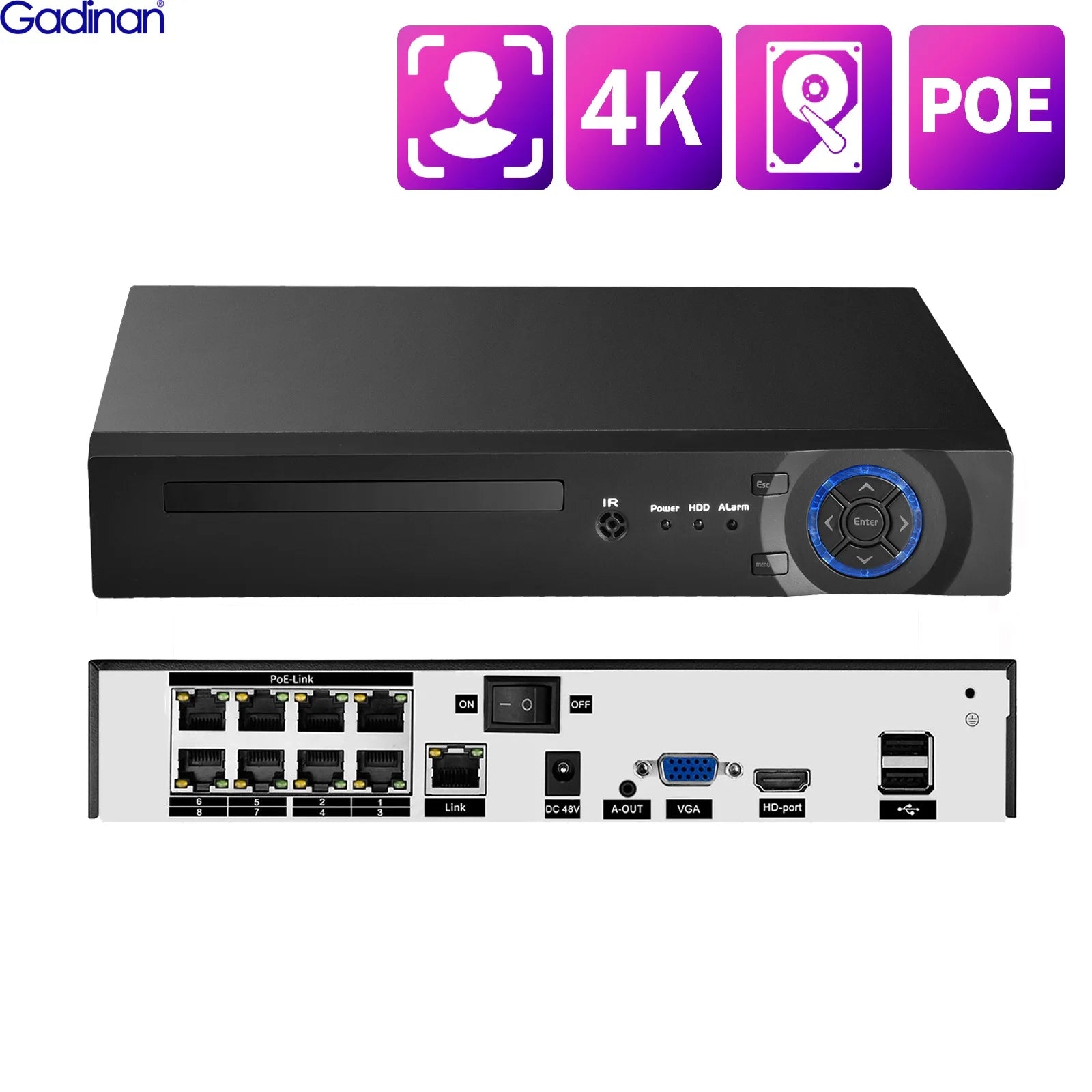 Gadinan 5/8MP 4K Audio Network Video Recorder 4/8/16CH Face Detection Security Surveillance CCTV IP Camera Motion Detection NVR