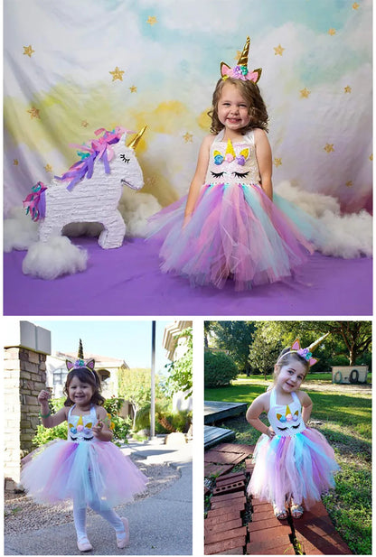 Princess Girls Unicorn Tutu Dress Outfits Pastel Flower Baby Girl Birthday Party Dresses Tulle Kids Halloween Cosplay Costumes