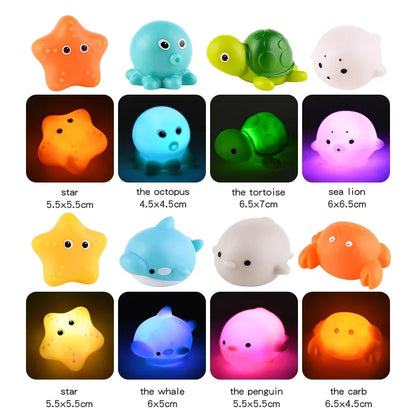 Baby Cute Animals Bath Toy Swimming Water LED Light Up Toys Soft Rubber Float Induction Luminous Frogs for Kids Play Funny Gifts