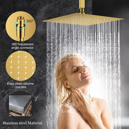 BAKALA  8/10/12Inch Water Powered Rain Shower Head Bathroom Square Brush gold Shower head. stainless steel shower head