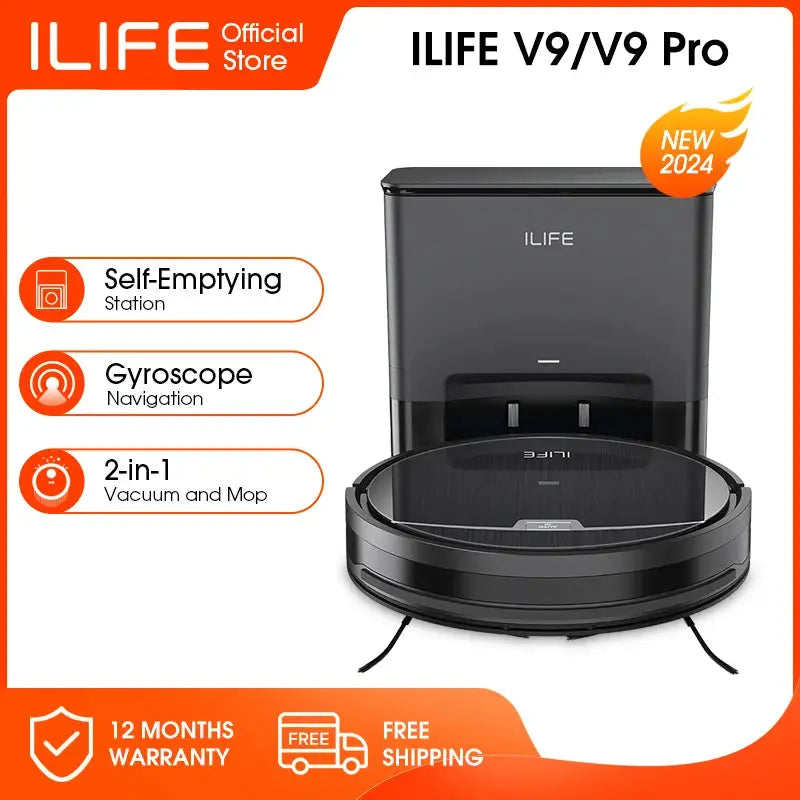 ILIFE V9/V9Pro Robot Vacuum, Self-Emptying, 3000Pa Strong Suction, Gyro Navigation, Schedule, App/Alexa Control, for Pet Hair