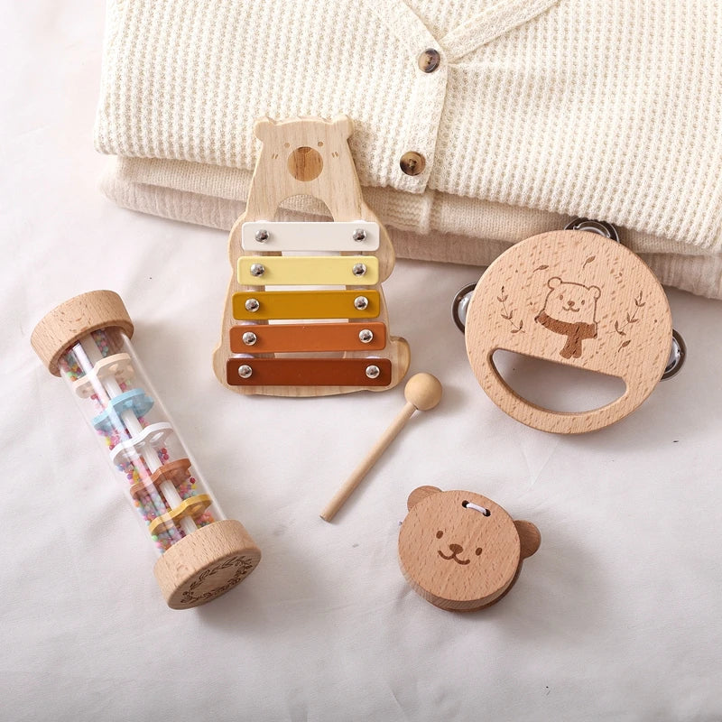 Baby Wooden Musical Instruments Montessori Toys Kids Bear Percussion Xylophone Rain Sound Pipe Music Shaker Early Education Toys