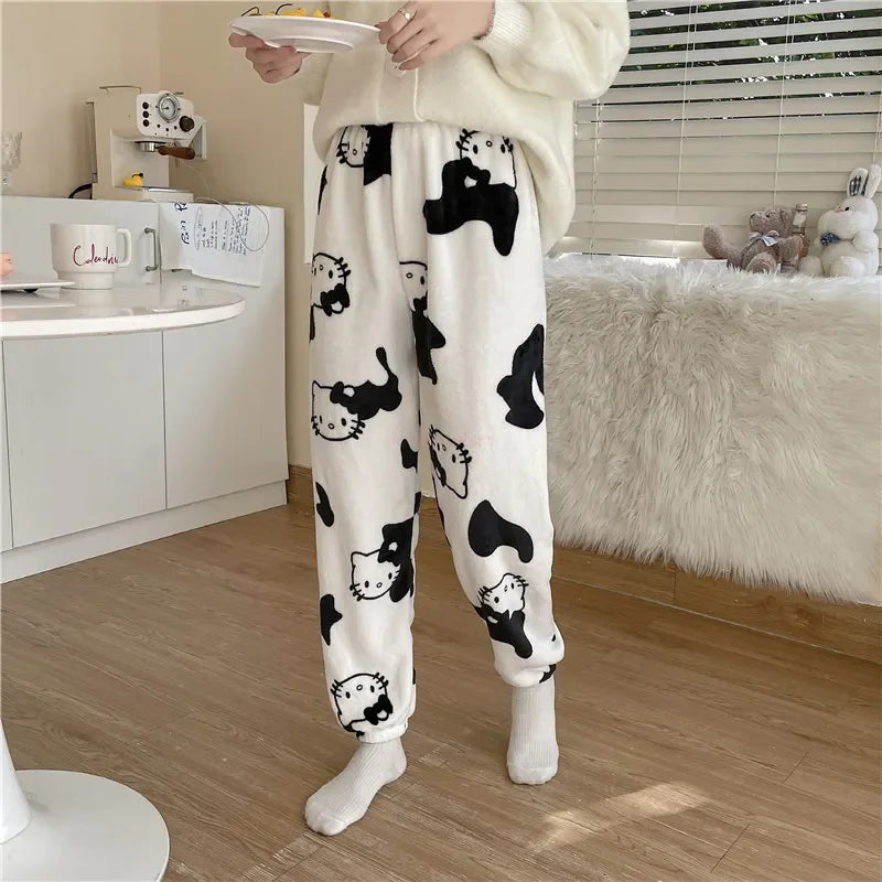 Sanrio Christmas Hello Kitty Pajamas Halloween Flannel Fashion Trouserswomen Kawaii Woolen Anime Cartoon Casual Home Pant Autumn