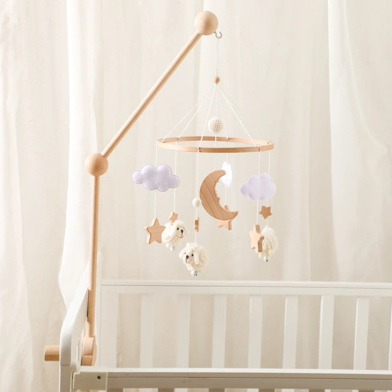 Wooden Baby Rattle Mobile 0-12Month Soft Felt Cartoon Sheep Star Moon Newborn Music Box Hanging Bed Bell Mobile Crib Bracket Toy