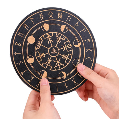 Black Round Wooden Board Laser Engraved Rune Coaster Yoga Meditation Board Healing Table Mat Spiritual Pendulum Divination Tool