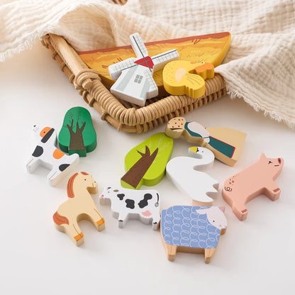 Wooden Montessori Toy Simulation Farm Animals Toys for Children Poultry Cow Pig Dog Chicken Model Educational Toy Christmas Gift