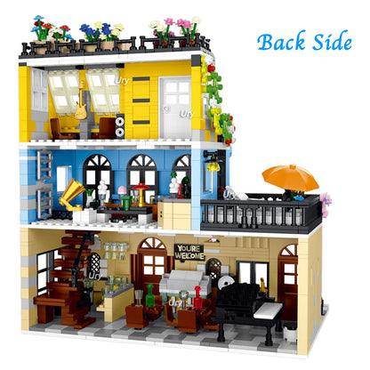 City Street View Modular Coffee Restaurant Retro Flower House with LED Light MOC Architecture Building Block Sets Toys for Kids