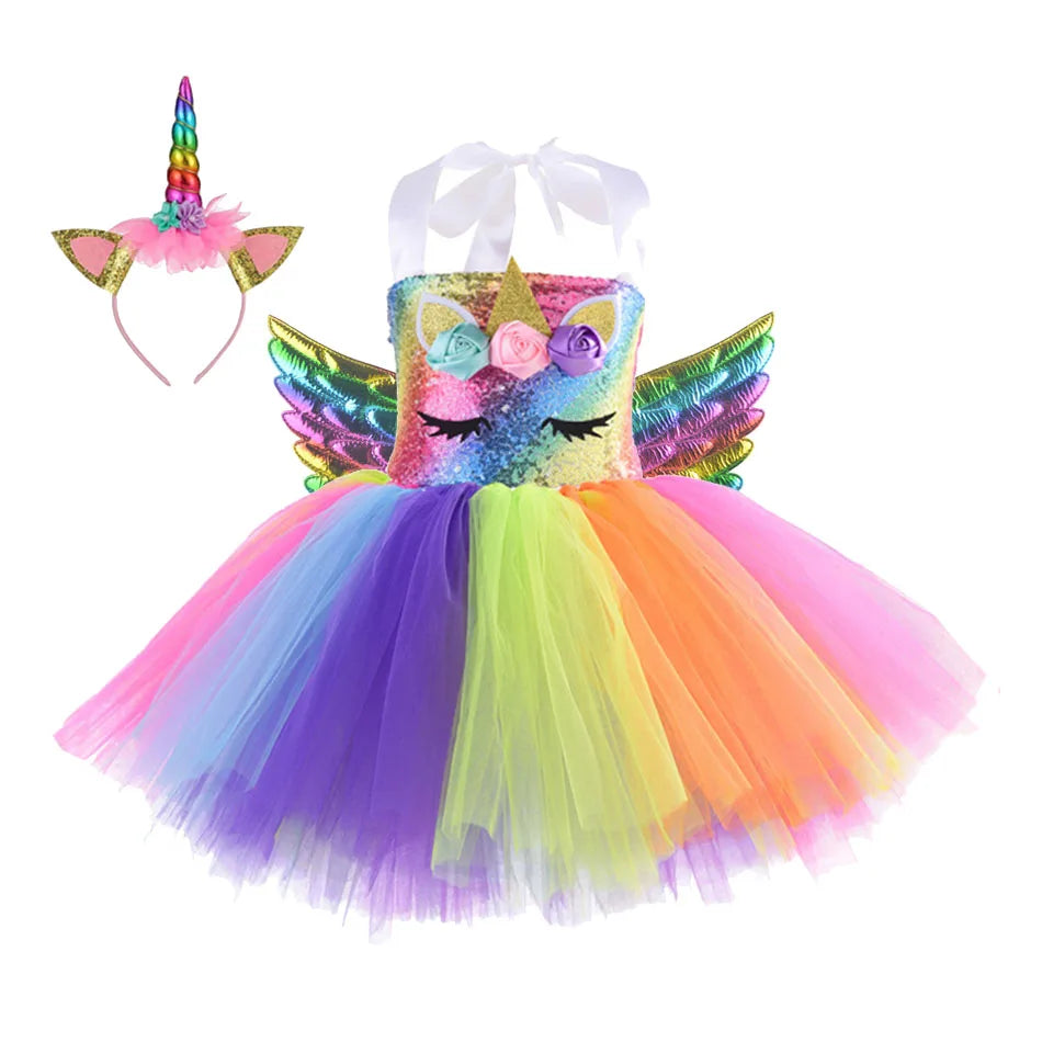 Princess Girls Unicorn Tutu Dress Outfits Pastel Flower Baby Girl Birthday Party Dresses Tulle Kids Halloween Cosplay Costumes