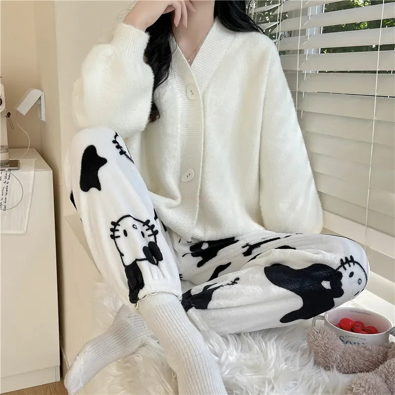 Sanrio Christmas Hello Kitty Pajamas Halloween Flannel Fashion Trouserswomen Kawaii Woolen Anime Cartoon Casual Home Pant Autumn