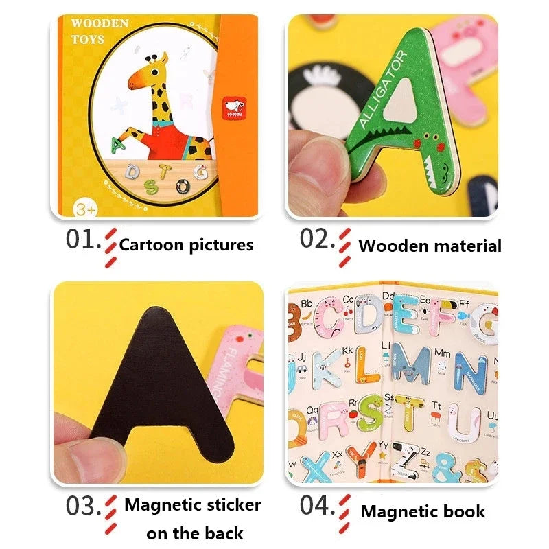 Baby Montessori Wooden Education Fridge Magnet 26 Alphabet Toys Learn Letter Matching Puzzle Magnetic Alphabet Book Toys For Kid